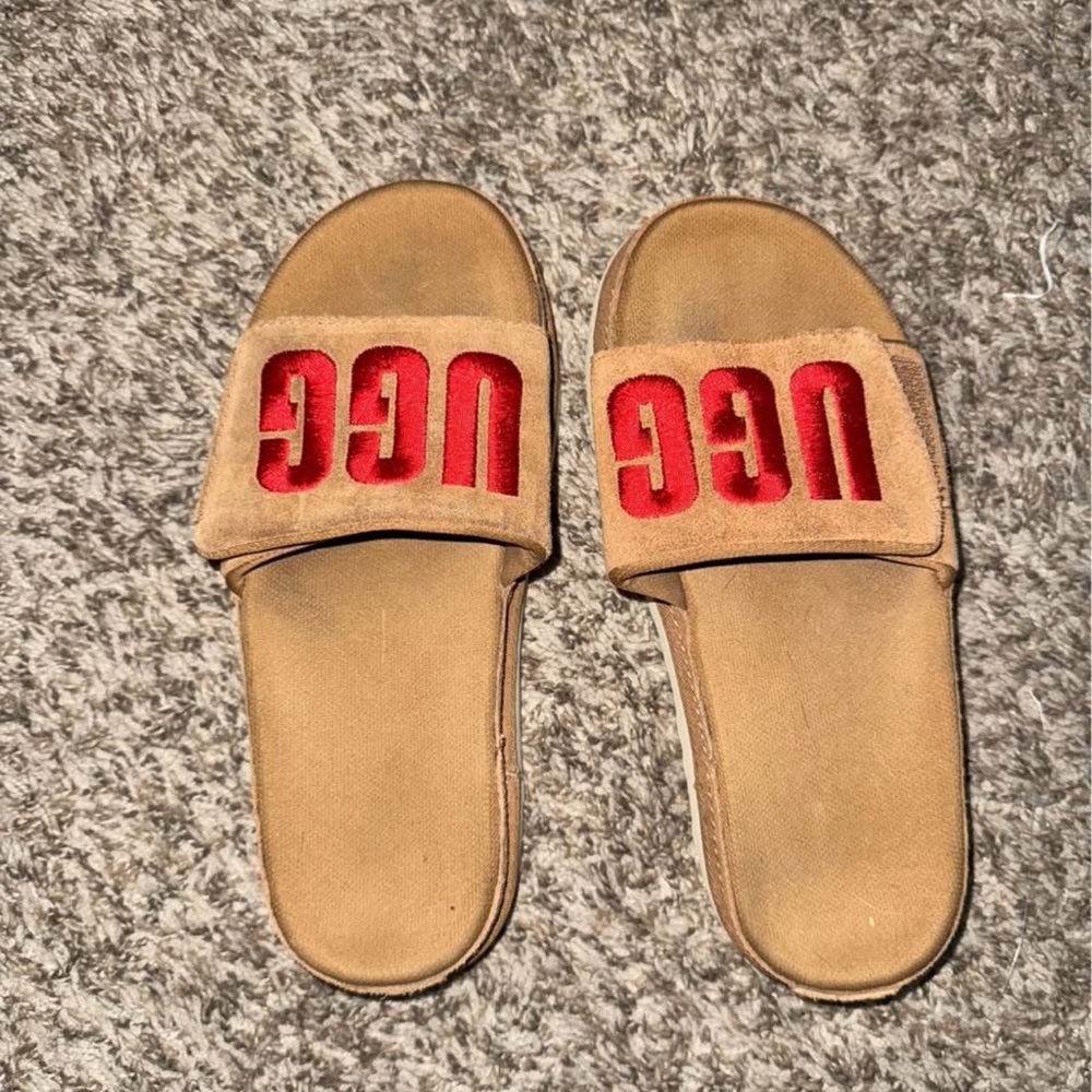 UGG Tan and Red Slide Sandals